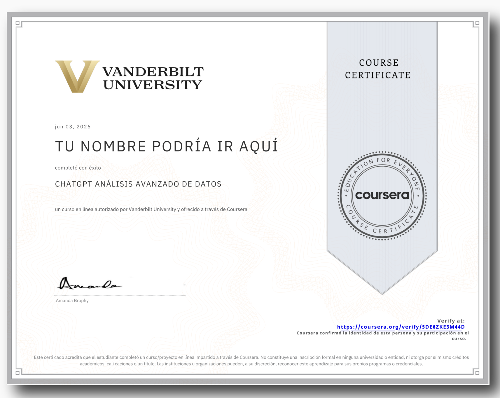 Certificado Vanderbilt University